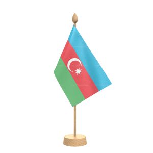 Azerbaijan Table Flag With Wooden Base and 15" Wooden Pole
