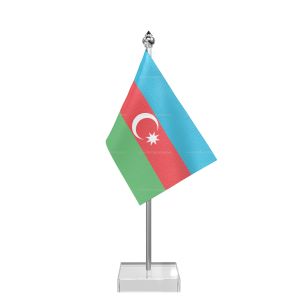 Azerbaijan Table Flag With Stainless Steel Pole And Transparent Acrylic Base Silver Top