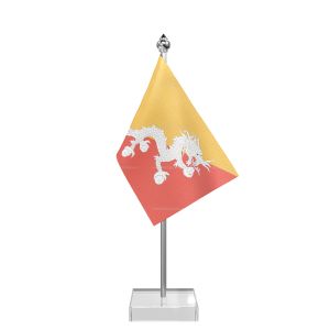 Bhutan Table Flag With Stainless Steel Pole And Transparent Acrylic Base Silver Top