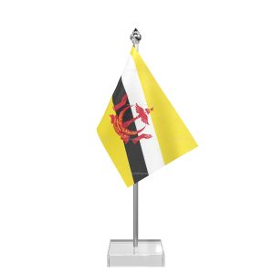 Brunei Darussalam Table Flag With Stainless Steel Pole And Transparent Acrylic Base Silver Top