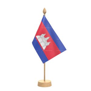 Cambodia Table Flag With Wooden Base and 15" Wooden Pole
