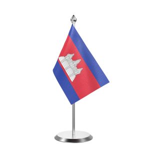 Single Cambodia Table Flag with Stainless Steel Base and Pole with 15" pole
