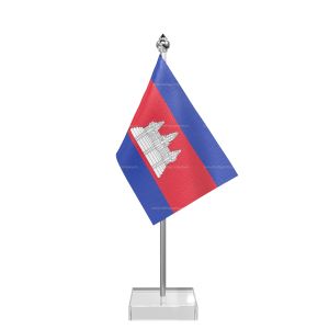 Cambodia Table Flag With Stainless Steel Pole And Transparent Acrylic Base Silver Top