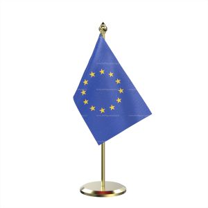 Single European Union Table Flag With Brass Base And Brass Pole