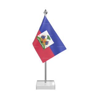 Haiti Table Flag With Stainless Steel Pole And Transparent Acrylic Base Silver Top