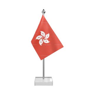 Hong Kong Table Flag With Stainless Steel Pole And Transparent Acrylic Base Silver Top