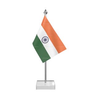 Indian Table Desk Miniature  Flag With Stainless Steel Pole And Transparent Acrylic Base Silver Top