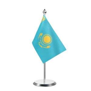 Single Kazakhstan Table Flag with Stainless Steel Base and Pole with 15" pole