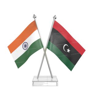 Libya Table Flag With Stainless Steel pole and transparent acrylic base silver top