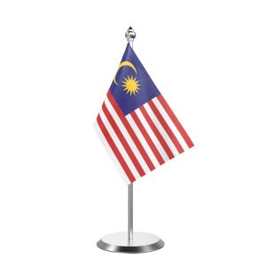 Single Malaysia Table Flag with Stainless Steel Base and Pole with 15" pole