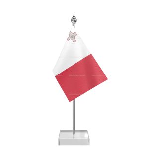 Malta Table Flag With Stainless Steel Pole And Transparent Acrylic Base Silver Top