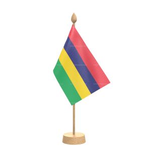 Mauritius Table Flag With Wooden Base and 15" Wooden Pole