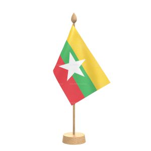 Myanmar, Burma Table Flag With Wooden Base and 15" Wooden Pole
