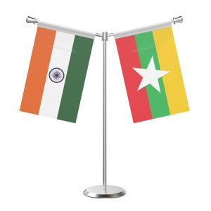 Y Shaped Myanmar, Burma Table Flag With Stainless Steel Base And Pole