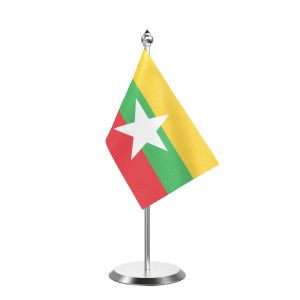 Single Myanmar, Burma Table Flag with Stainless Steel Base and Pole with 15" pole