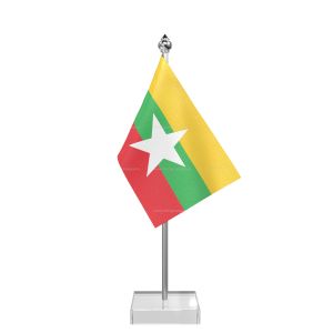 Myanmar, Burma Table Flag With Stainless Steel Pole And Transparent Acrylic Base Silver Top