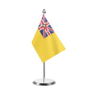 Single Niue Table Flag with Stainless Steel Base and Pole with 15" pole