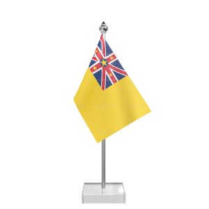 Niue Table Flag With Stainless Steel Pole And Transparent Acrylic Base Silver Top