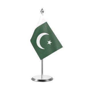 Single Pakistan Table Flag with Stainless Steel Base and Pole with 15" pole
