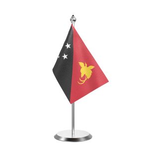 Single Papua New Guinea Table Flag with Stainless Steel Base and Pole with 15" pole