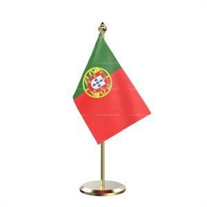 Single Portugal Table Flag With Brass Base And Brass Pole