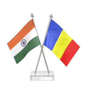 Romania Table Flag With Stainless Steel pole and transparent acrylic base silver top