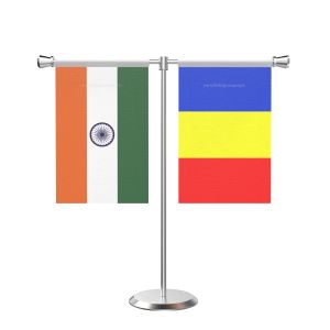 Romania T Shaped Table Flag with Stainless Steel Base and Pole