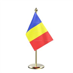 Single Romania Table Flag With Brass Base And Brass Pole