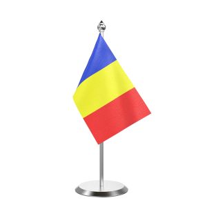 Single Romania Table Flag with Stainless Steel Base and Pole with 15" pole