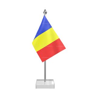 Romania Table Flag With Stainless Steel Pole And Transparent Acrylic Base Silver Top