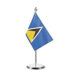 Single Saint Lucia Table Flag with Stainless Steel Base and Pole with 15" pole