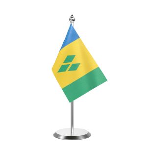 Single Saint Vincent and the Grenadines Table Flag with Stainless Steel Base and Pole with 15" pole