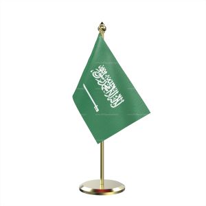 Single Saudi Arabia Table Flag With Brass Base And Brass Pole