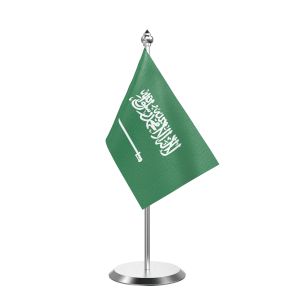 Single Saudi Arabia Table Flag with Stainless Steel Base and Pole with 15" pole