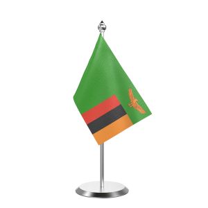 Single Zambia Table Flag with Stainless Steel Base and Pole with 15" pole